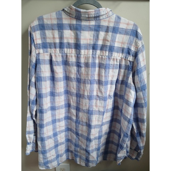 LL Bean Women's 3X Plaid Linen Button Up Shirt Long Sleeve Blue White Pink - Picture 4 of 7